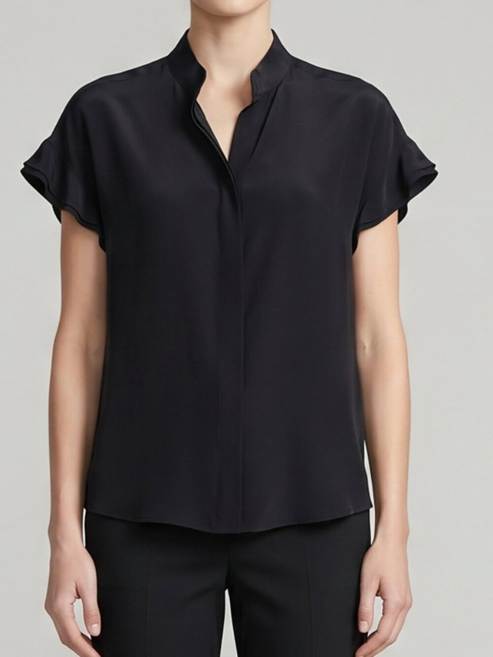 FRAME Silk Blouse Black Flounce Short Sleeve Top Button Up XS